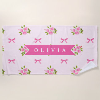 Personalised Pink Coquette Girly Bow Floral Name Beach Towel