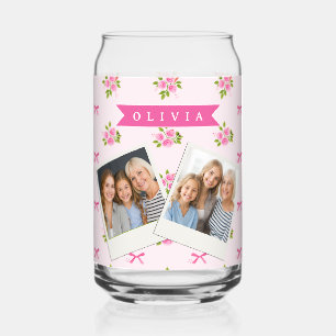 Personalised Pink Coquette Girly Bow Floral Name Can Glass