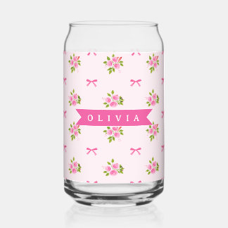 Personalised Pink Coquette Girly Bow Floral Name Can Glass