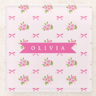 Personalised Pink Coquette Girly Bow Floral Name Glass Coaster