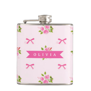 Personalised Pink Coquette Girly Bow Floral Name Hip Flask