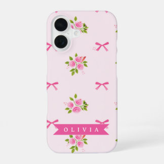 Personalised Pink Coquette Girly Bow Floral Name iPhone 16 Case