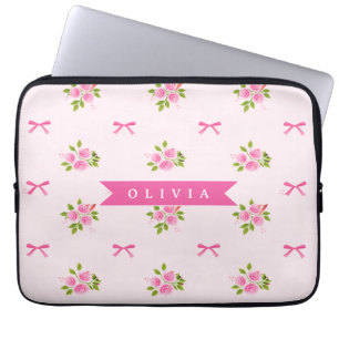 Personalised Pink Coquette Girly Bow Floral Name Laptop Sleeve