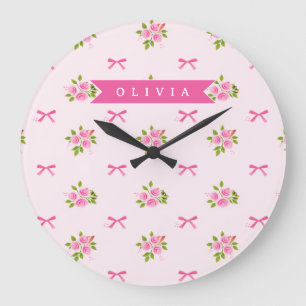 Personalised Pink Coquette Girly Bow Floral Name Large Clock