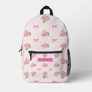 Personalised Pink Coquette Girly Bow Floral Name Printed Backpack