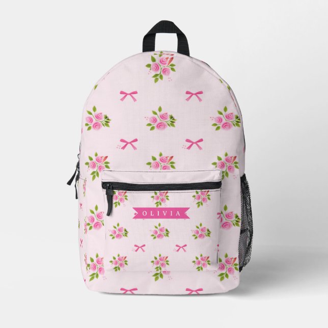 Personalised Pink Coquette Girly Bow Floral Name Printed Backpack (Front)