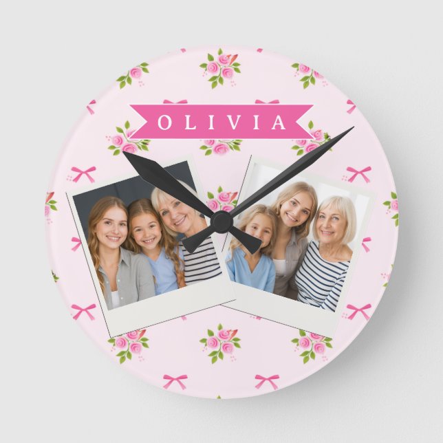 Personalised Pink Coquette Girly Bow Floral Name Round Clock (Front)