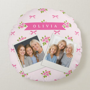 Personalised Pink Coquette Girly Bow Floral Name Round Cushion
