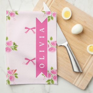 Personalised Pink Coquette Girly Bow Floral Name Tea Towel