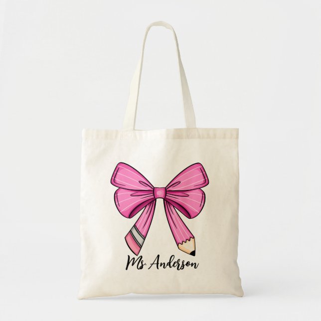 Personalised Pink Coquette Pencil Bow Tote Bag (Front)