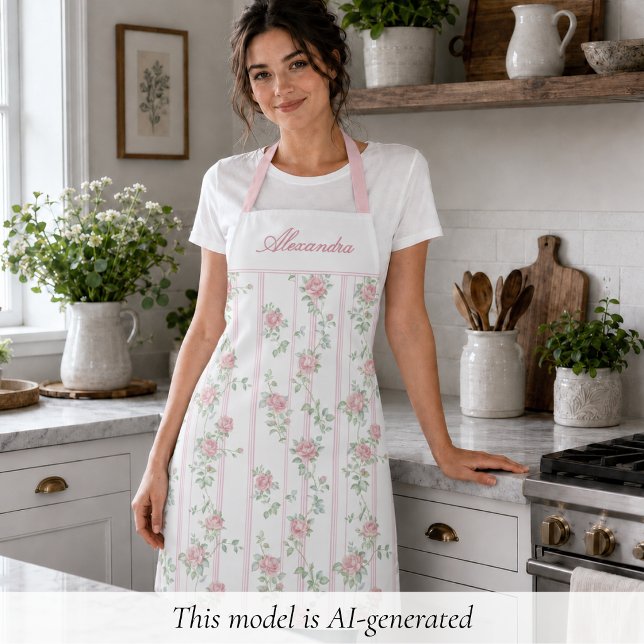 Personalised Pink Coquette Rose Floral Apron (elegant girly pink coquette grandmillennial floral apron with custom monogram name in calligraphy)