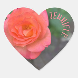 Personalised Pink Coral Rose Flower Garden Floral Heart Sticker