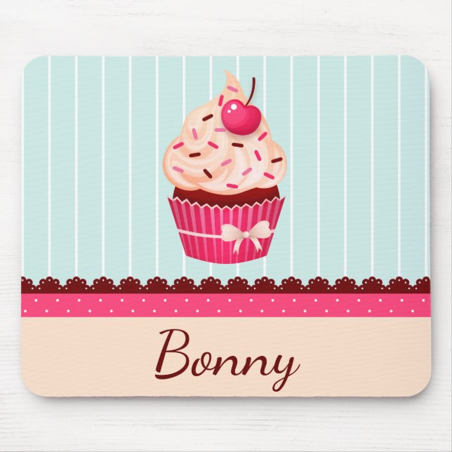 Personalised Pink Cupcake Mint Blue Background Mouse Pad (Front)