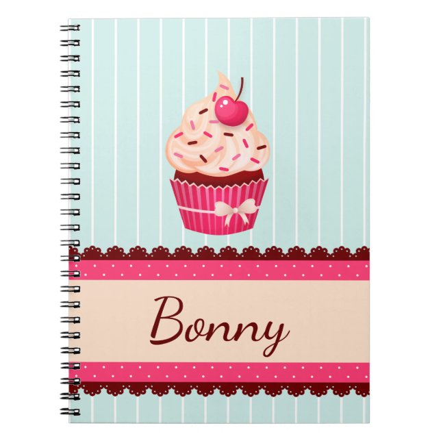 Personalised Pink Cupcake Mint Blue Background Notebook (Front)