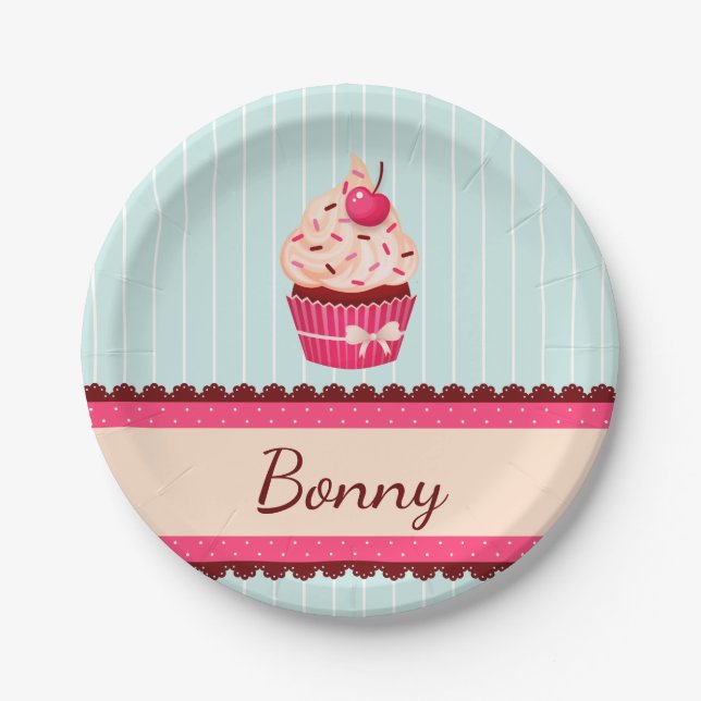 Personalised Pink Cupcake Mint Blue Background Paper Plate (Front)