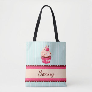 Personalised Pink Cupcake Mint Blue Background Tote Bag