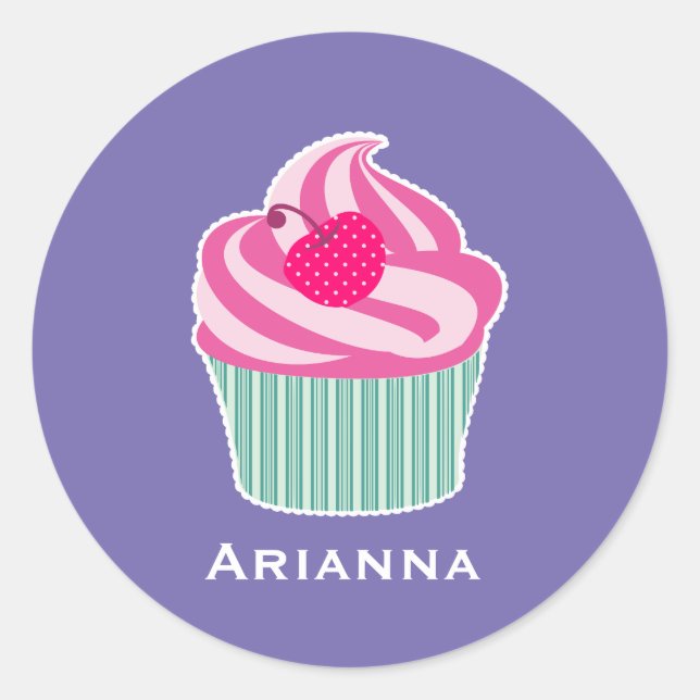 Personalised Pink Cupcake WIth Polka Dot Cherry Classic Round Sticker (Front)