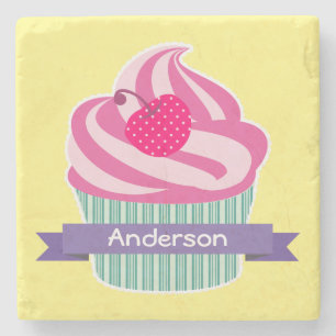Personalised Pink Cupcake WIth Polka Dot Cherry Stone Coaster