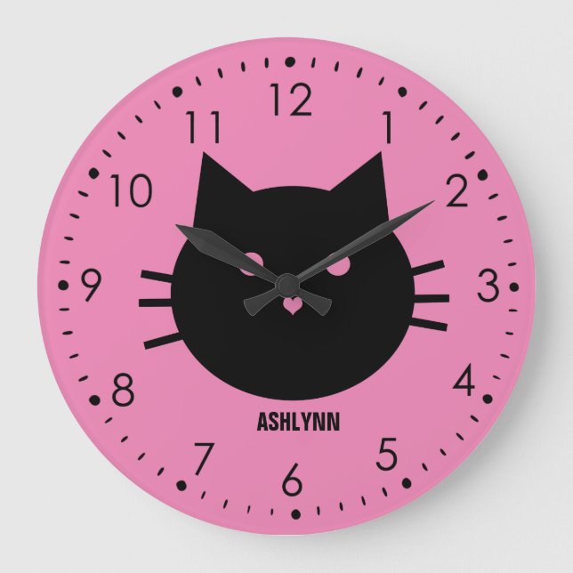 Personalised Pink Cute Cat Large Clock (Front)