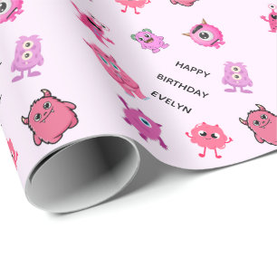 Personalised Pink Cute Custom Girl Monster Wrapping Paper