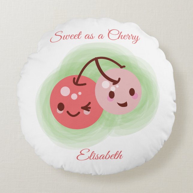 Personalised Pink Cute Pair of Cherries  Round Cushion (Front)