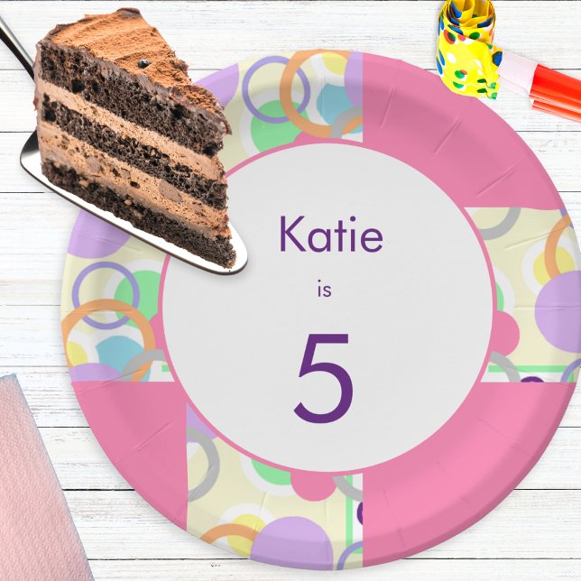 Personalised Pink Cute Pattern Birthday Age Pretty Paper Plate (A pretty paper plate to personalize with a name and age. Pink edged with colorful circles design)
