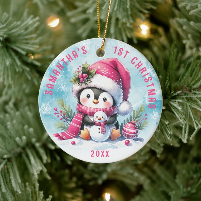 Personalised Pink Cute Penguin Girl 1st Christmas  Ceramic Tree Decoration (Tree)