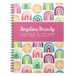 Personalised Pink Cute Rainbow & Suns Kids Notebook