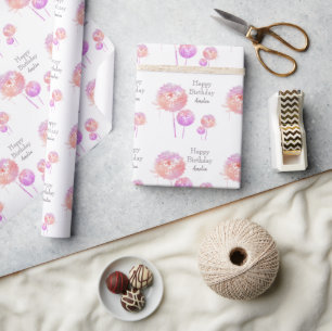 Personalised pink Dandelion Clock Birthday Wrapping Paper