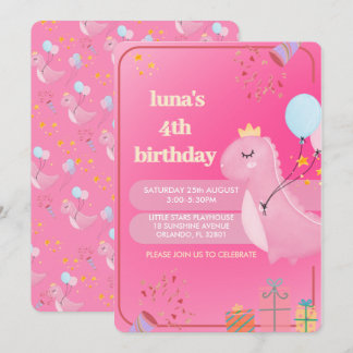Personalised Pink Dinosaur Birthday Invitation
