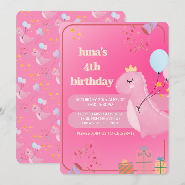 Personalised Pink Dinosaur  Birthday Invitation (Front/Back)