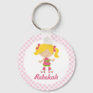 Personalised Pink Dots Blonde Roller Skater v2 Key Ring