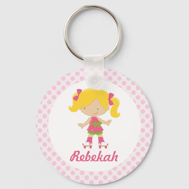 Personalised Pink Dots Blonde Roller Skater v2 Key Ring (Front)