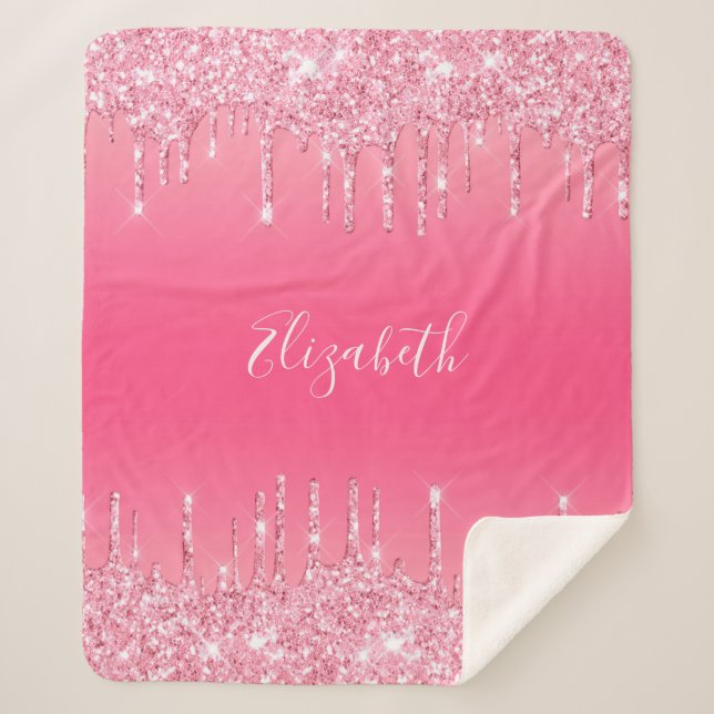 Personalised Pink Dripping Glitter Girly Trendy   Sherpa Blanket (Front)
