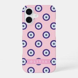Personalised Pink Evil Eye Pattern Gifts With Name iPhone 16 Case