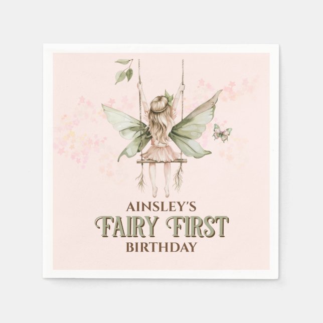 Personalised Pink Fairy First 1st Birthday Party Napkin (Front)