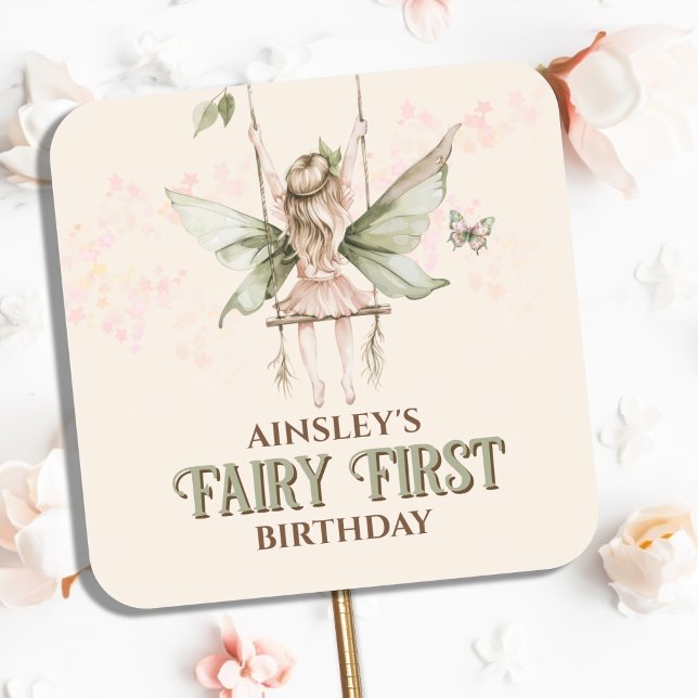 Personalised Pink Fairy First 1st Birthday Party Square Sticker (Creator Uploaded)