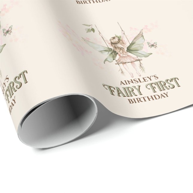 Personalised Pink Fairy First 1st Birthday Party Wrapping Paper (Roll Corner)