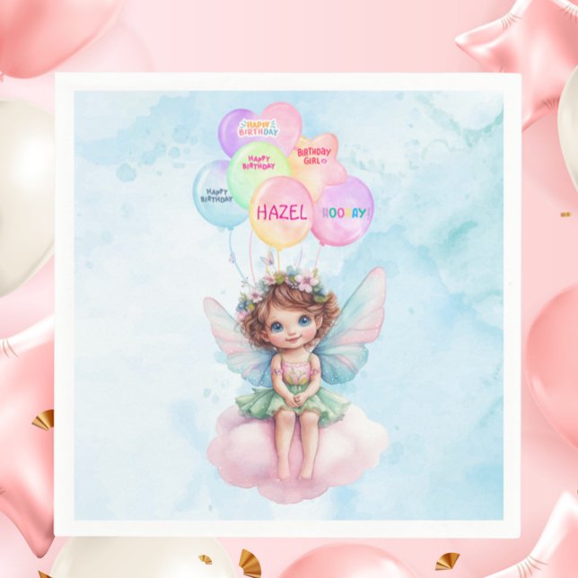 Personalised Pink Fairy on Cloud Birthday Napkin  (Personalized Fairy on a Cloud Birthday Napkin – Pink & Blue Watercolor Party Decor with Balloons

)