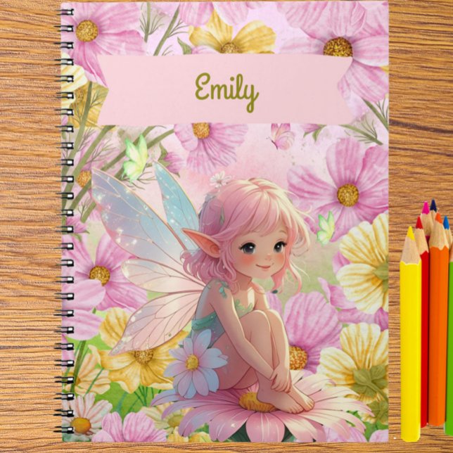 Personalised Pink Fairy Write & Draw Story Journal (Personalized Pretty Pink Fairy and Flowers Journal – Custom Name Notebook for Girls)