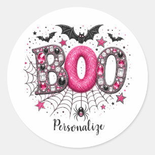 Personalised Pink Faux Jewel Boo Spooky Halloween Classic Round Sticker