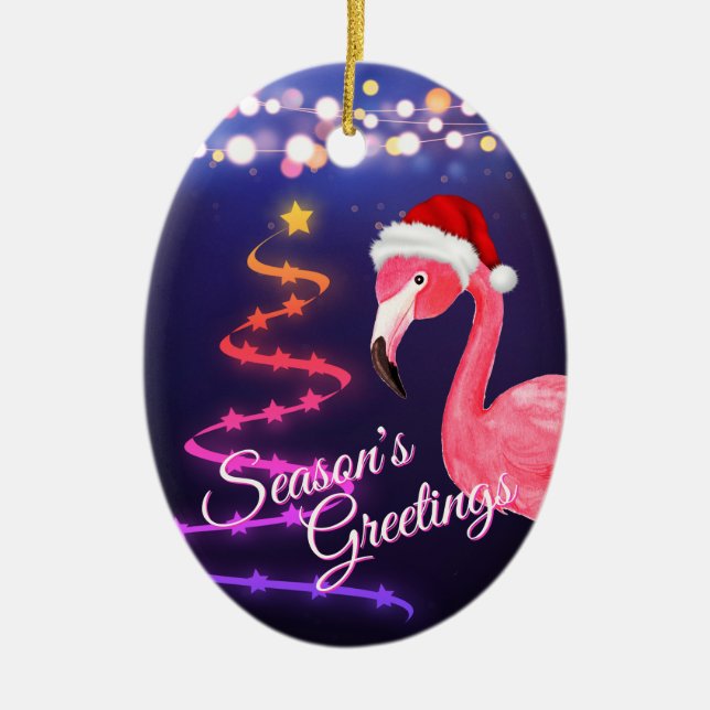 Personalised Pink Flamingo Beach Christmas Ceramic Tree Decoration (Front)