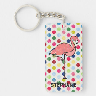 Personalised Pink Flamingo Colourful Polka Dots Key Ring