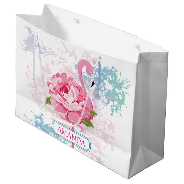 Personalised Pink flamingo Floral design Large Gift Bag (Front Angled)