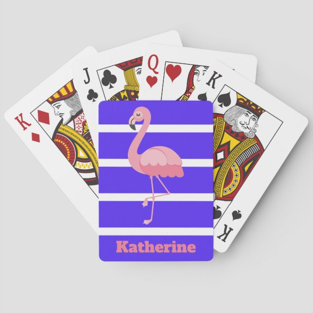 Personalised Pink Flamingo On Blue Stripes Playing Cards (Back)