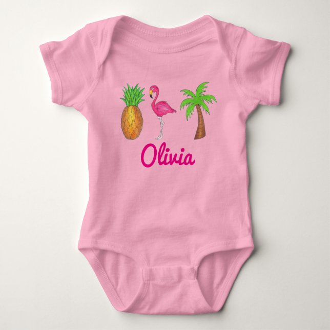 Personalised Pink Flamingo Palm Tree Pineapple Baby Bodysuit (Front)