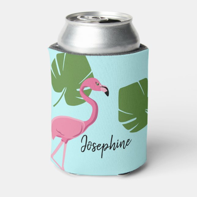 Personalised Pink Flamingo Tropical Bachelorette Can Cooler (Can Back)