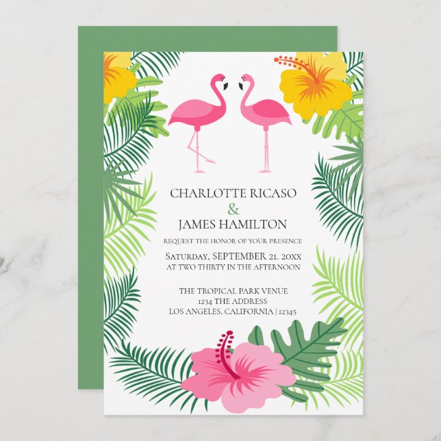 Personalised Pink Flamingo Tropical Wedding Invitation (Front/Back)