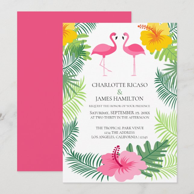 Personalised Pink Flamingo Tropical Wedding Invitation (Front/Back)