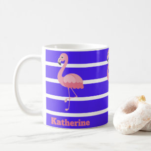 Personalised Pink Flamingos On Blue Stripes Coffee Mug